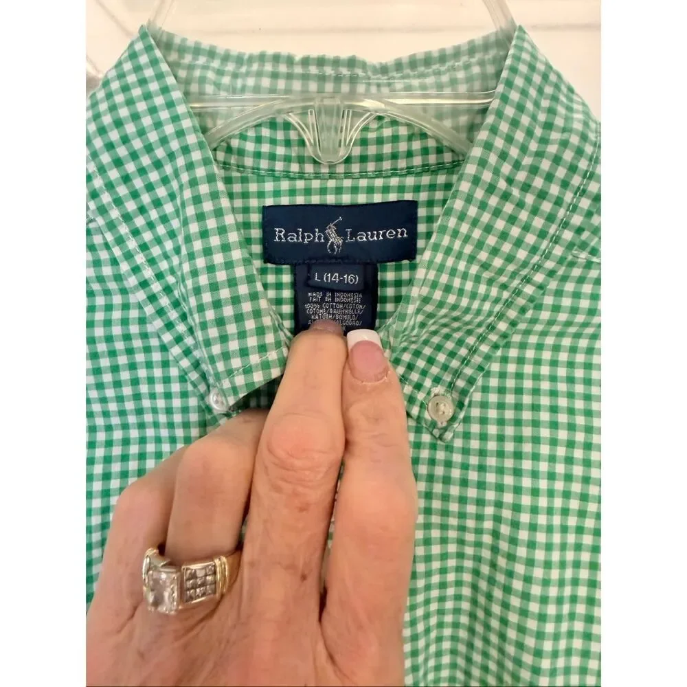 Ralph Lauren Boys Green/White Gingham Check Button Down Shirt Sz. 14-16 Latge